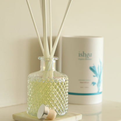 Diffuser with reeds and a container labeled 'ishga' on a light surface.